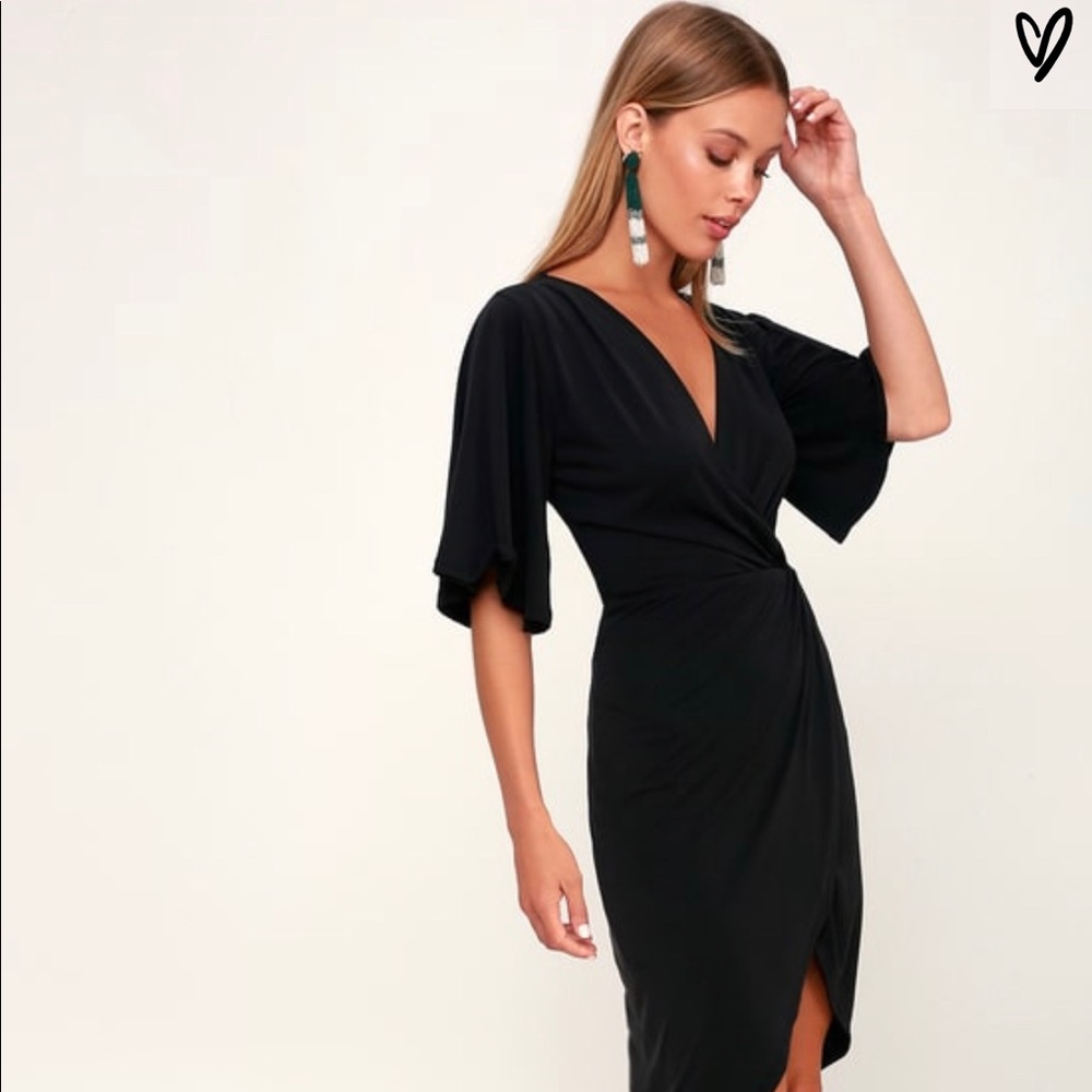 Dulcet Washed Black Surplice Midi Dress